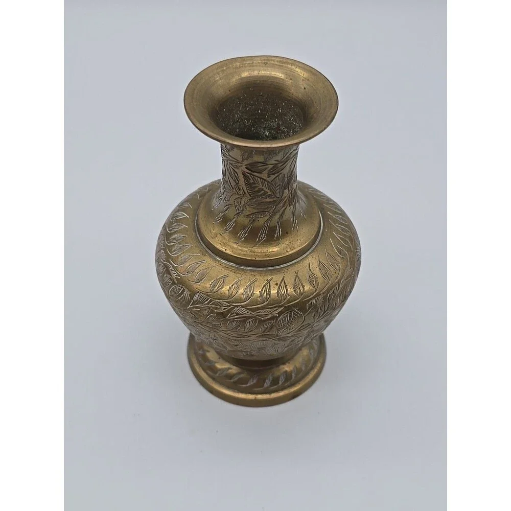 Vintage  Brass Etched Engraved Vase Leaf Motif 5 in Tall  India BOHO